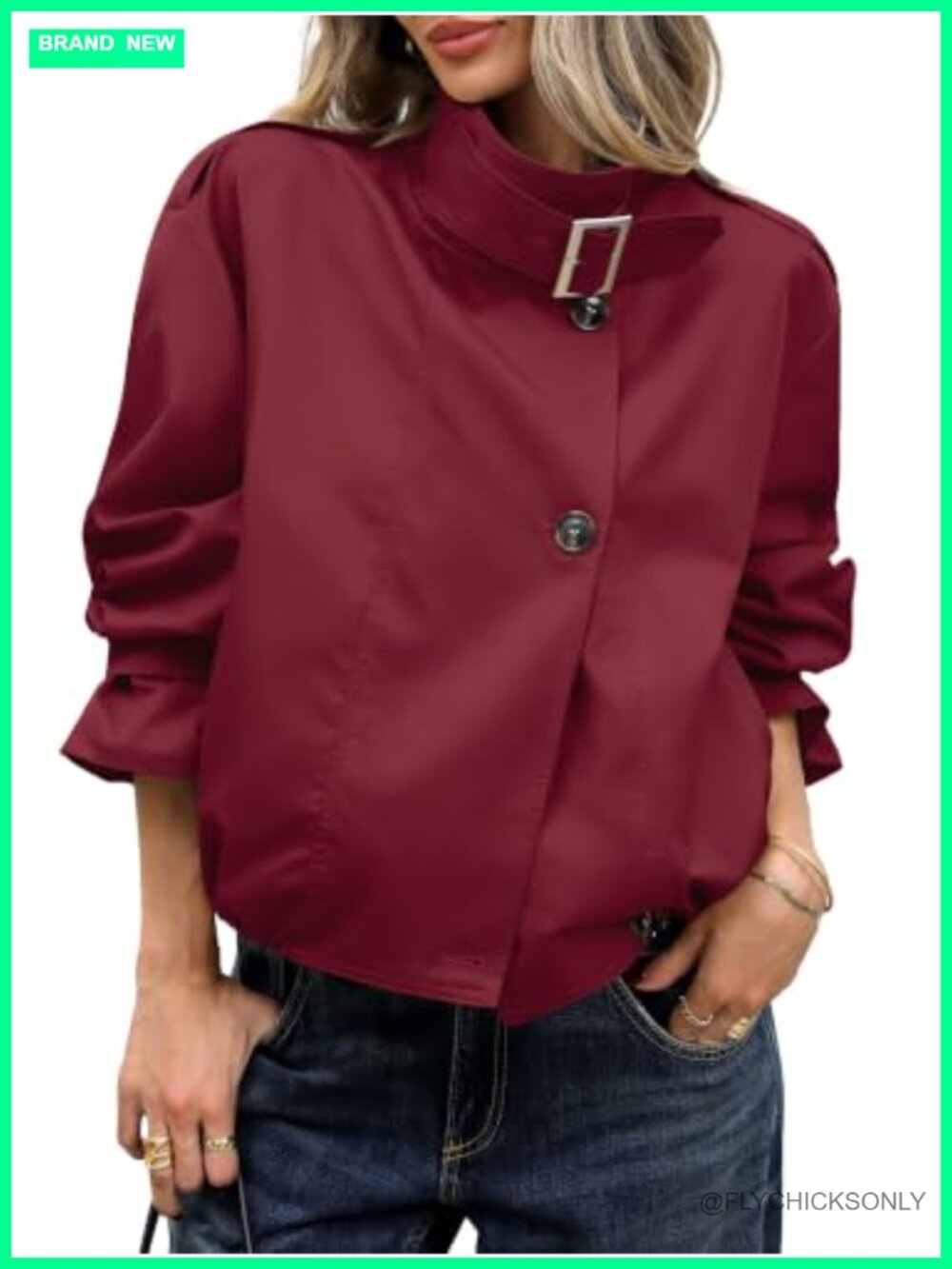Cropped Trench Coat Funnel Neck Elastic Waist Button Side Pockets Polyester
